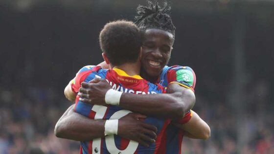 An elated Wilfred Zaha celebrates after a crucial Crystal Palace win in May 2019.